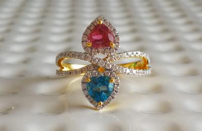 Bague en or gris tourmaline 0.59 ct   topaze bleue 0.47 ct diamants 2