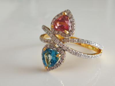 Bague en or gris tourmaline 0.59 ct   topaze bleue 0.47 ct diamants 2