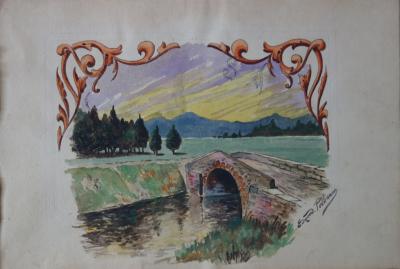 Edmond PELLISSON : Le petit pont de pierre - Aquarelle originale signée - c. 1902 2