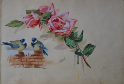 Edmond PELLISSON: Couple of Chickadees and roses - Original signed watercolor - c. 1902 2
