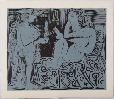 Pablo PICASSO : Deux femmes au flacon de parfum - Linogravure (1962) 2