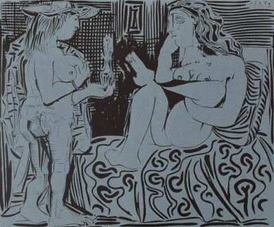 Pablo PICASSO : Deux femmes au flacon de parfum - Linogravure (1962) 2