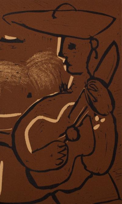 Pablo PICASSO : Femme nue et guitariste au chapeau - Linogravure (1962) 2