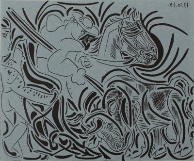 Pablo PICASSO : Pique, face au taureau - Linogravure (1962) 2
