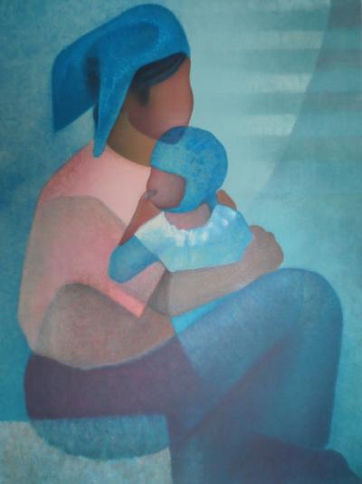 Louis TOFFOLI : Maternité au corsage rose - lithographie originale signée 2