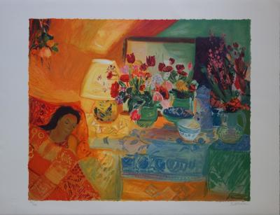Nancy DELOUIS : Le repos de la fleuriste - Lithographie originale signée 2