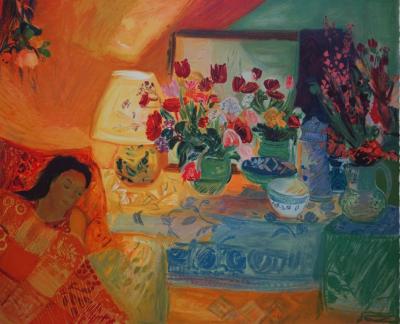 Nancy DELOUIS : Le repos de la fleuriste - Lithographie originale signée 2