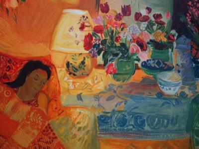 Nancy DELOUIS : Le repos de la fleuriste - Lithographie originale signée 2