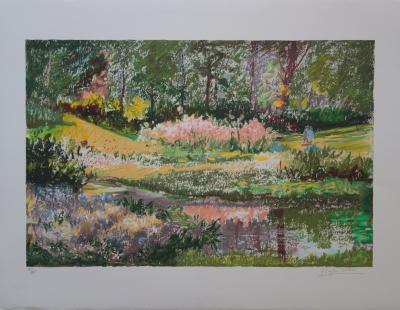 Yvonne CHEFFER DELOUIS : Iris roses près du lac - Lithographie originale signée 2