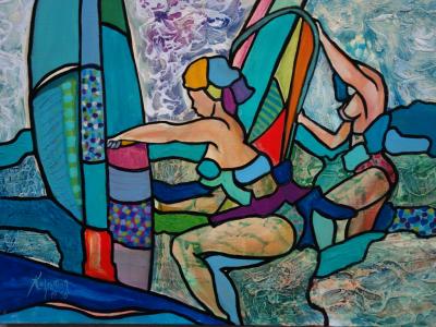 Hassan Ertugrul KAHRAMAN : Les surfeuses - Huile sur toile signée 2