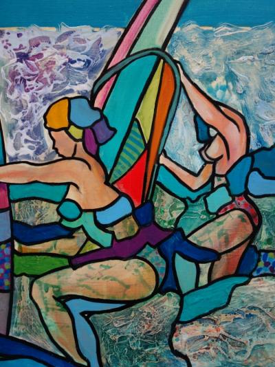 Hassan Ertugrul KAHRAMAN : Les surfeuses - Huile sur toile signée 2