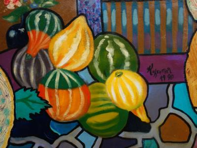 Hassan Ertugrul KAHRAMAN : Nature morte aux citrouilles - Acrylique sur panneau signé 2