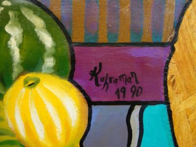 Hassan Ertugrul KAHRAMAN : Nature morte aux citrouilles - Acrylique sur panneau signé 2