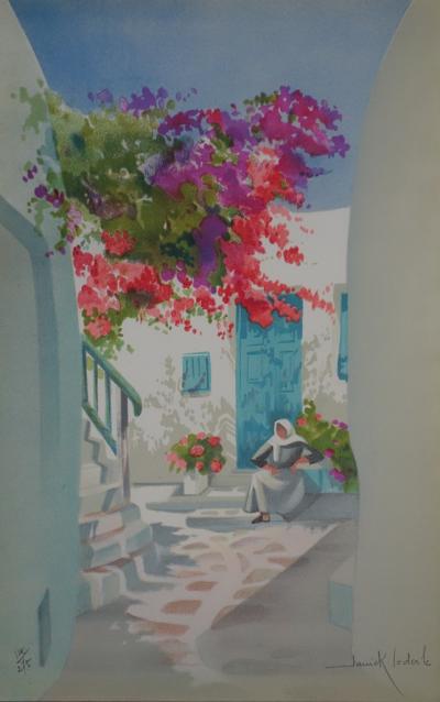 Janick LEDERLE : Petite cour à Santorin - Lithographie originale signée 2