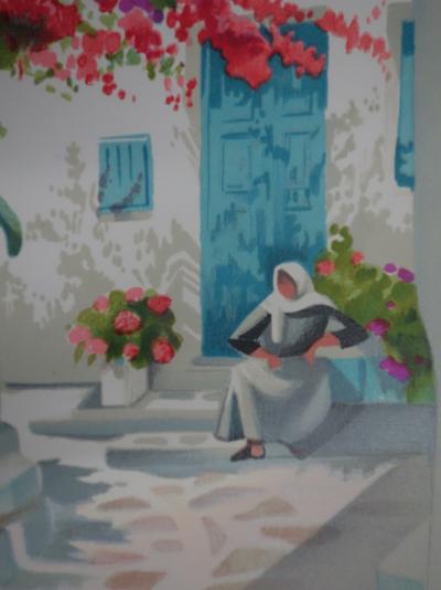 Janick LEDERLE : Petite cour à Santorin - Lithographie originale signée 2
