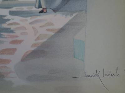 Janick LEDERLE : Petite cour à Santorin - Lithographie originale signée 2