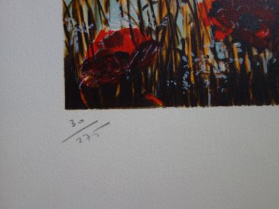 Michel Henry : Cavalier dans le sous bois aux coquelicots - Lithographie originale signée 2