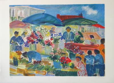 Nancy DELOUIS : Le Marché aux fleurs - Lithographie originale signée 2