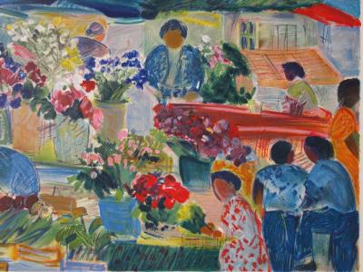 Nancy DELOUIS : Le Marché aux fleurs - Lithographie originale signée 2