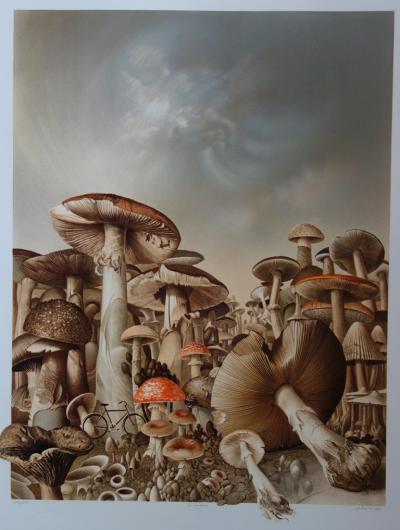 Roland CAT : Randonnée Mycologique - Lithographie originale signée 2