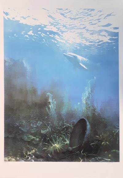 Roland CAT : Fond marin au dauphin - Lithographie originale signée 2