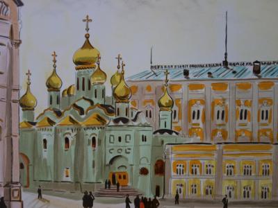 Yves BRAYER : La place des Cathédrales au Kremlin, Lithographie originale signée 2