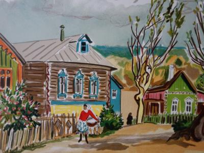 Yves BRAYER : Village rustique en Russie, Lithographie originale signée 2