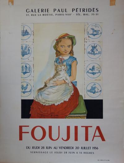 Léonard FOUJITA : Jeune-fille avec un chat - Lithographie originale Signée, 1956