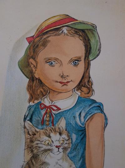 Léonard FOUJITA : Jeune-fille avec un chat - Lithographie originale Signée, 1956 2