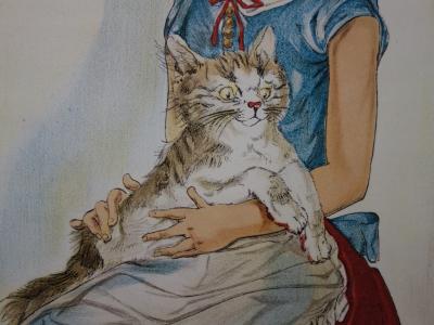 Léonard FOUJITA : Jeune-fille avec un chat - Lithographie originale Signée, 1956 2
