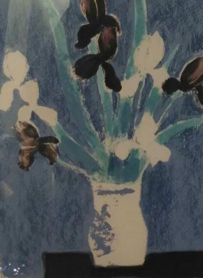 Bernard Cathelin -  Iris blancs au fond bleu  (1992) Lithographie originale Epreuve signée et  justifiee au crayon 2