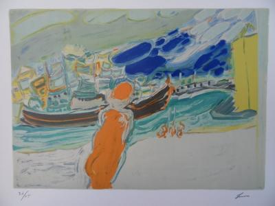 Jean FUSARO - Vue du port - Lithographie originale signée 2