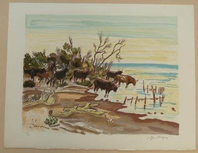 Yves BRAYER - Camargue, taureaux sur la plage - Lithographie originale signée 2