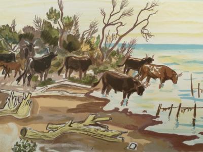Yves BRAYER - Camargue, taureaux sur la plage - Lithographie originale signée 2