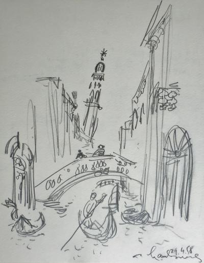 André HAMBOURG - Canal à Venise, 1958, Dessin original signé 2