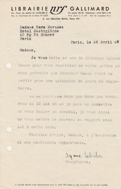 ALBERT CAMUS - Lettre signée sur son voyage en Amérique du Sud 2