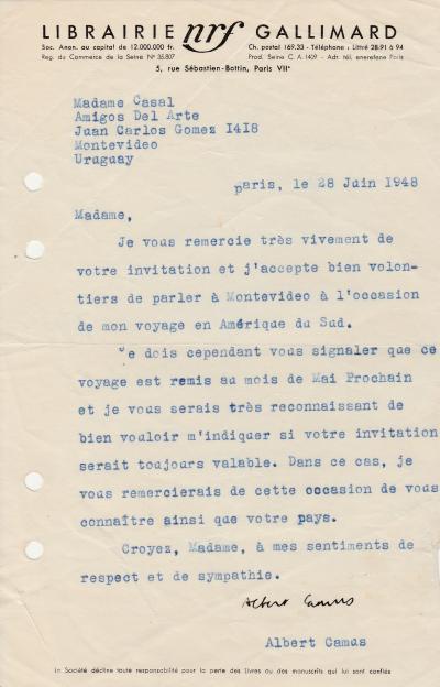 ALBERT CAMUS - Lettre signée sur son voyage en Amérique du Sud 2