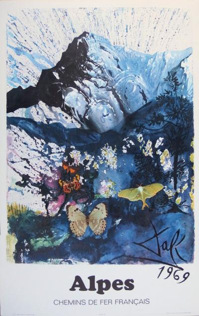 Salvador DALI (1904-1989) : Les Alpes - LITHOGRAPHIE ORIGINALE SIGNEE SNCF - Grand Modèle 2