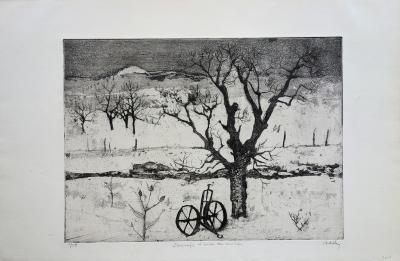 Jacques HALLEZ : Paysage d’hiver au cerisier - Gravure originale signée 2