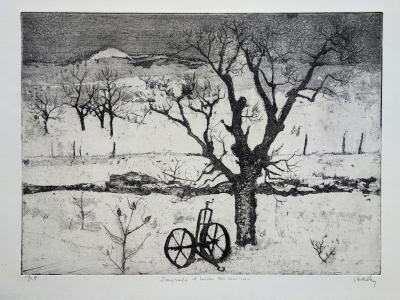Jacques HALLEZ : Paysage d’hiver au cerisier - Gravure originale signée 2