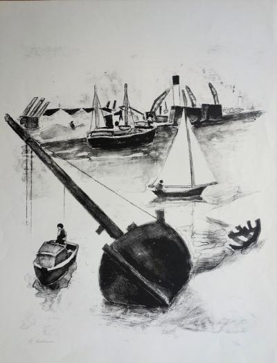 Robert LOTIRON : Port à marée basse - Gravure originale signée et numérotée 2