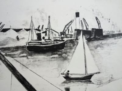 Robert LOTIRON : Port à marée basse - Gravure originale signée et numérotée 2