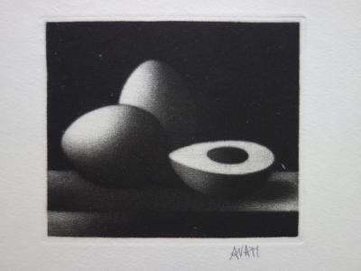 Mario AVATI - Still life with eggs, signed original black 2