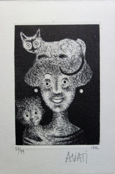 Mario AVATI - Femme au chat, eau-forte originale signée 2