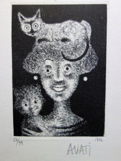 Mario AVATI - Femme au chat, eau-forte originale signée 2