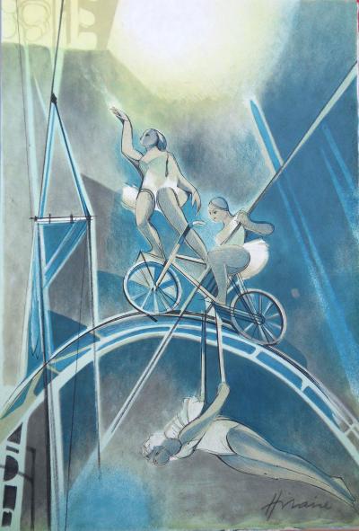 Camille HILAIRE - Les équilibristes à vélo, lithographie signée 2