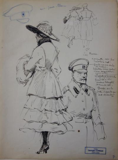 Georges CONRAD : Etude d’une femme mondaine et d’un soldat russe, Dessin original, signé 2