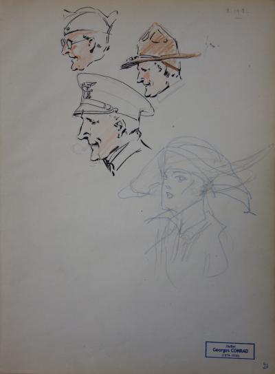 Georges CONRAD : Etudes de têtes des soldats de profil, Dessin original, signé 2