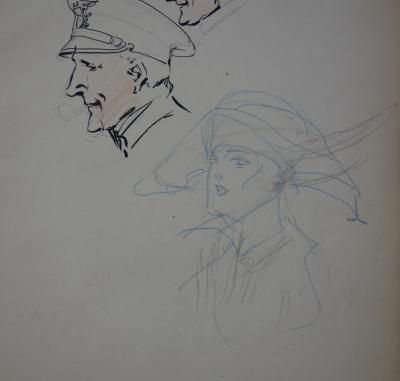 Georges CONRAD : Etudes de têtes des soldats de profil, Dessin original, signé 2