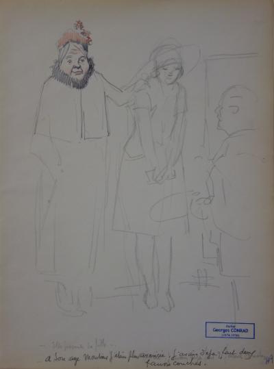 Georges CONRAD : Jeune fille avec sa gouvernante, Dessin original, signé 2